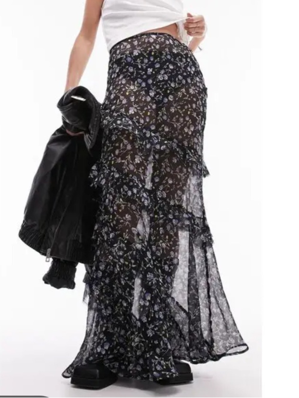 Sheer Floral Ruffle Maxi Skirt